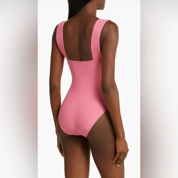 BONDI BORN Gwen Square Neck One-Piece Swimsuit, Rose Color, Size Large,$295